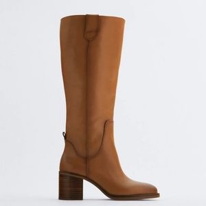 Zara tall stacked heel brown leather boots